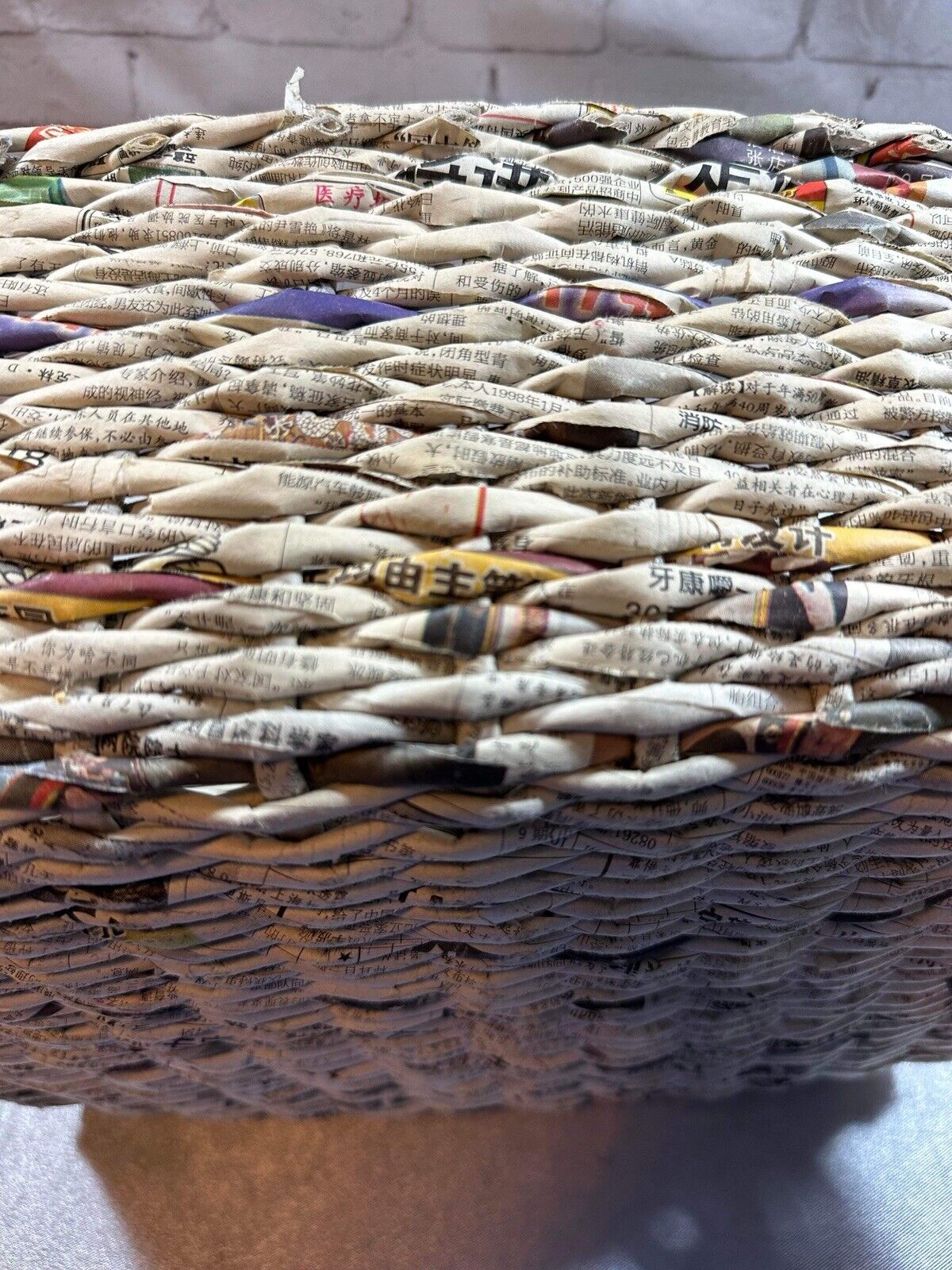 Basket Made from Chinese Newspapers with Integrated Handles, 12" x 9” x 5” TNO