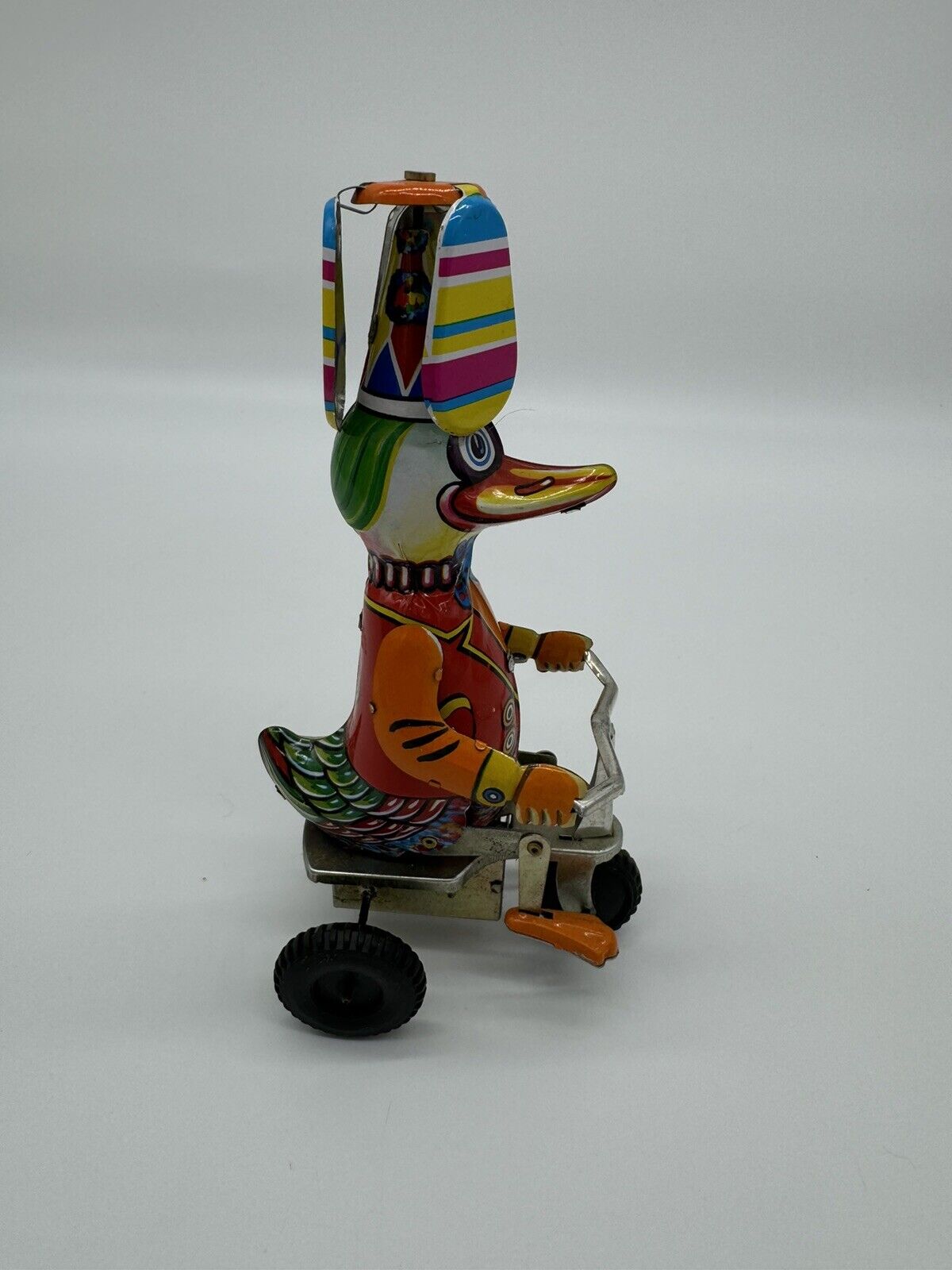 Vintage Tin Duck On A Bike Mechanical Wind Up Toy Works Great!!