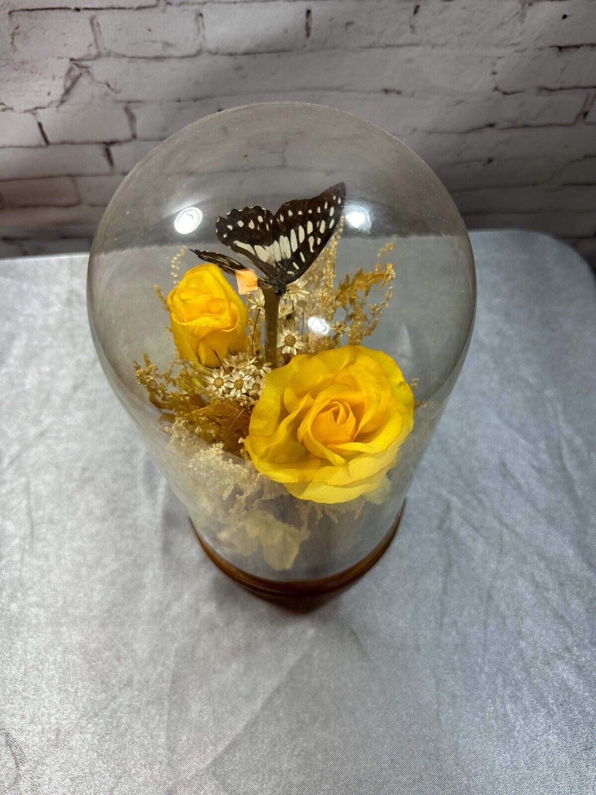 Vintage 1970s Glass Dome Taxidermy BUTTERFLIES & FLORAL Display Terrarium VHD