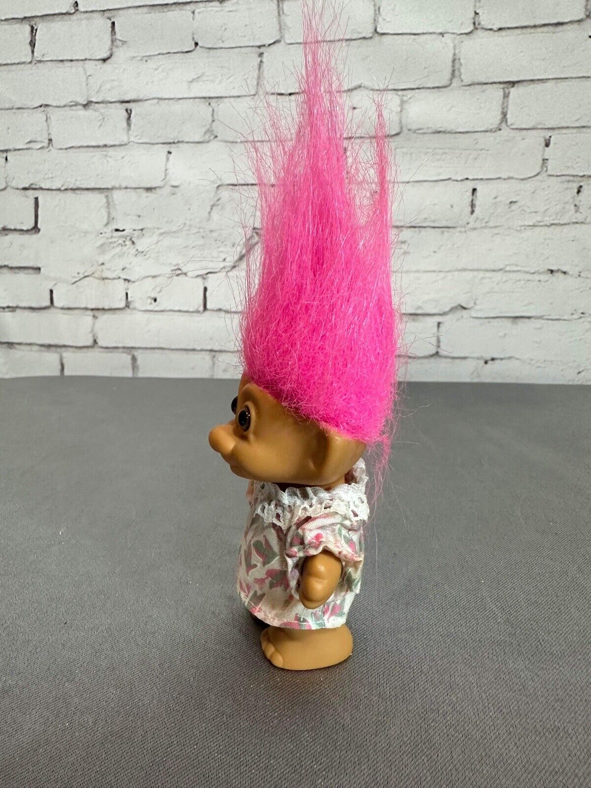 Vintage Russ Troll Doll Wearing Floral Dress With Pink Hair VTY