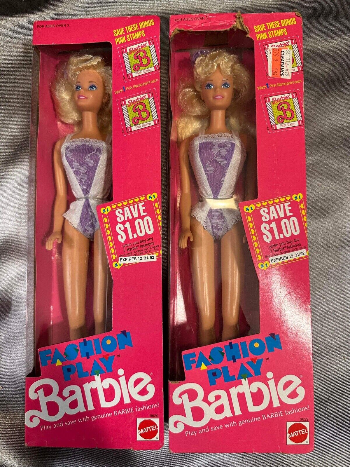 TWO Mattel 1990 Barbie Doll "Outfit Purple & White" Fashion Play 9629 NIB VTY