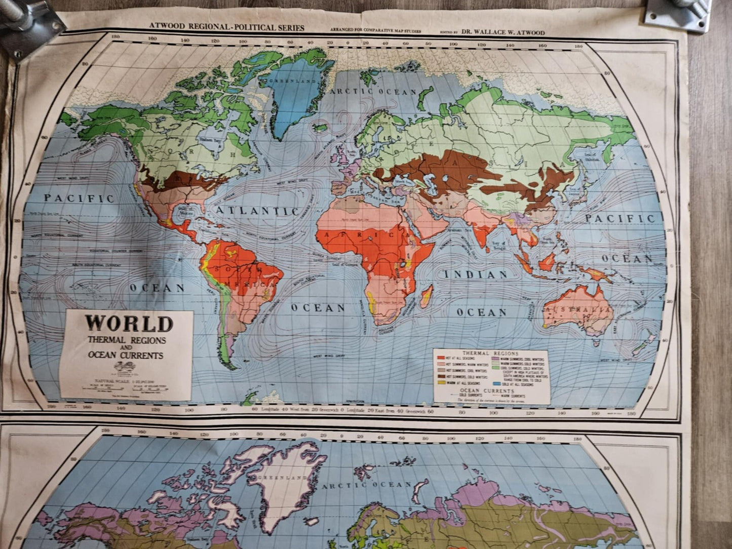 A.J. Nystrom & Co 60's Map Temperature & Vegetation World Map No.2 Pull Down 55"