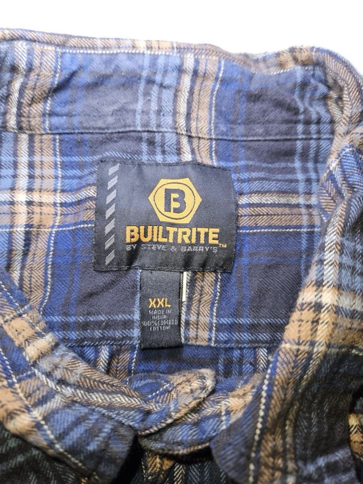 BUILTRITE Flannel Shirt Blue/Brown Plaid 100% Combed Cotton Men's Size XL