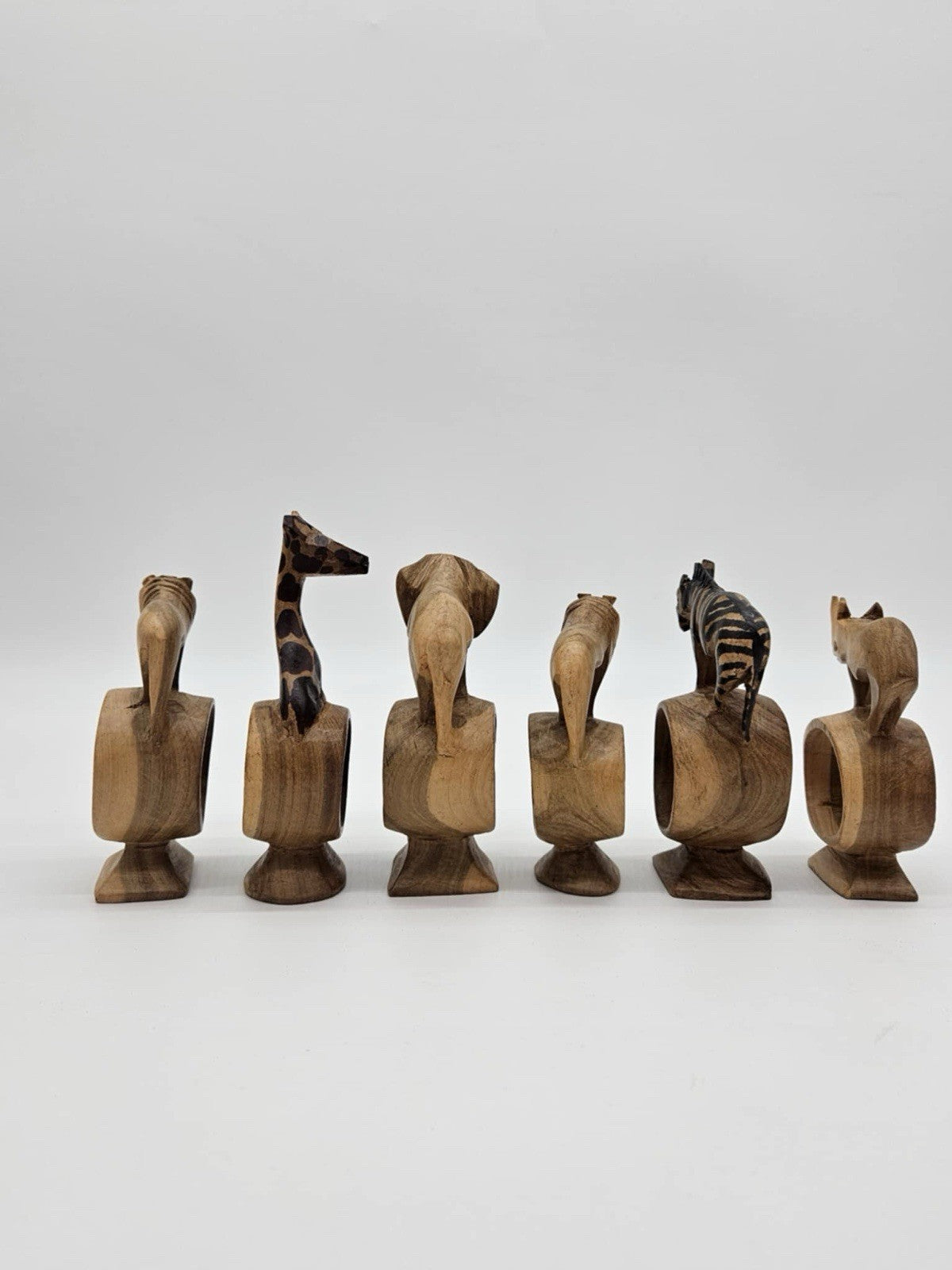 VTG Hand Carved Wood Wild African Safari Animal Napkin Rings 12Pc