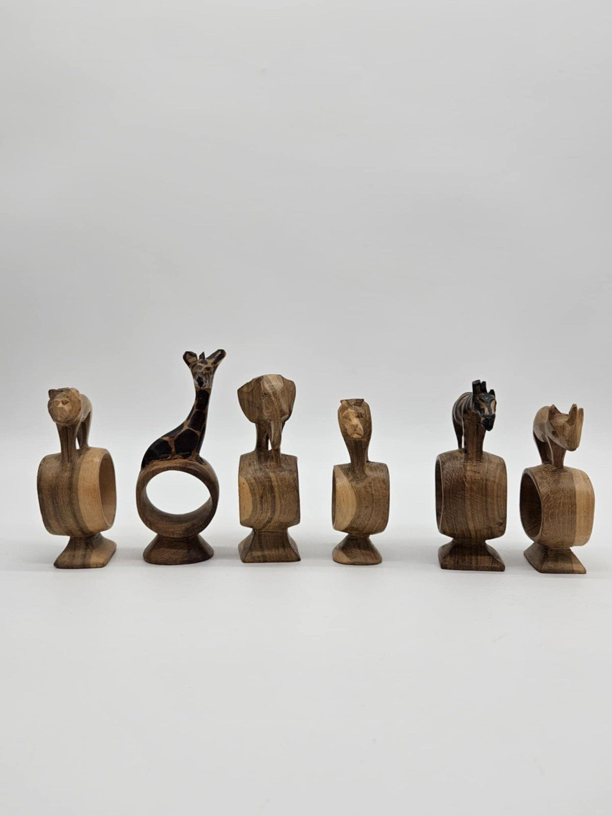 VTG Hand Carved Wood Wild African Safari Animal Napkin Rings 12Pc