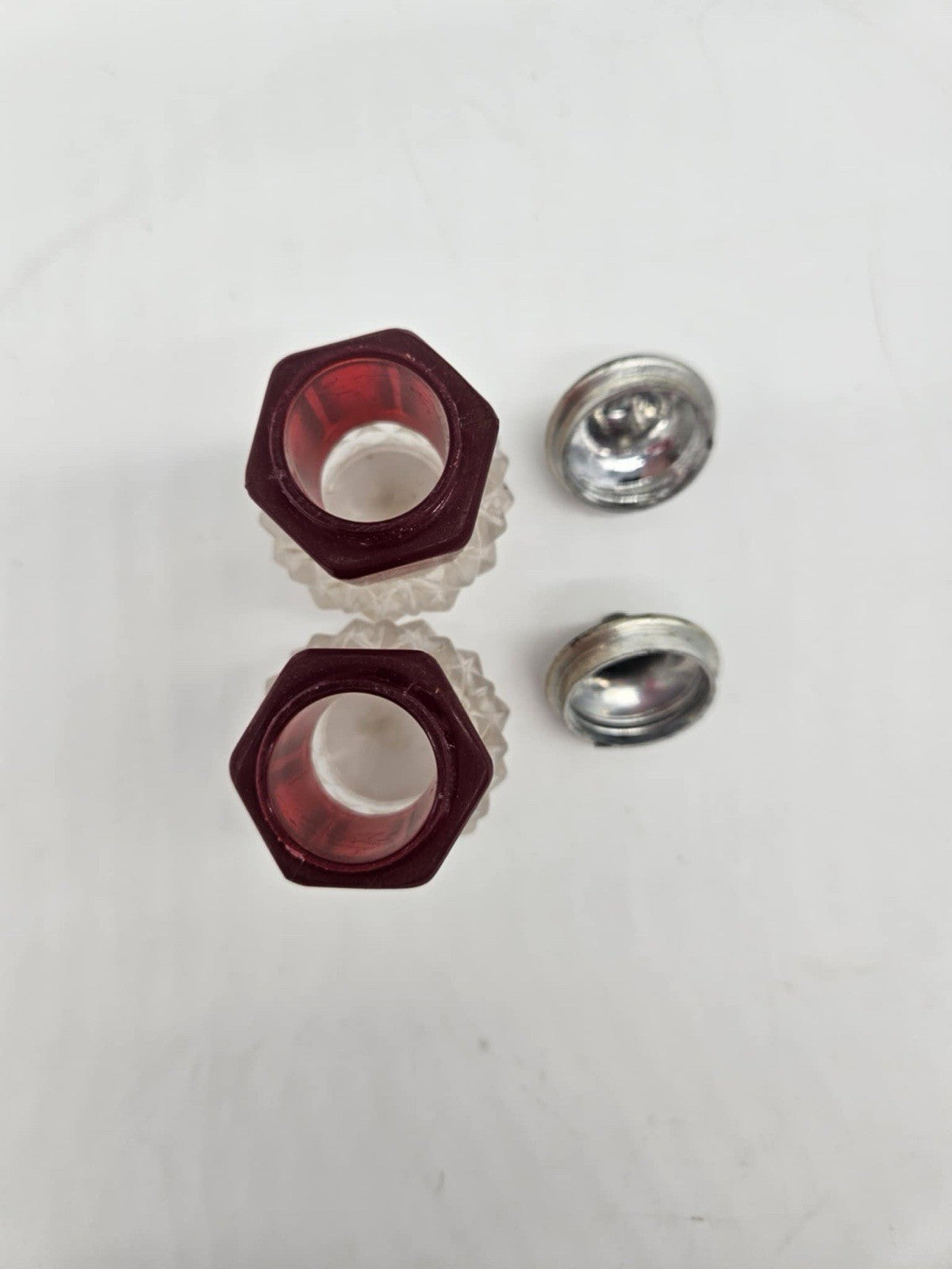 Indiana Glass Diamond Point Ruby Salt and Pepper Set with Chrome Lids