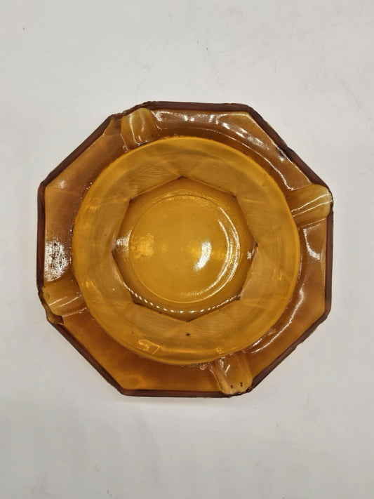Vintage Octagon Amber Glass Ash Tray Desk Tray 6.5”