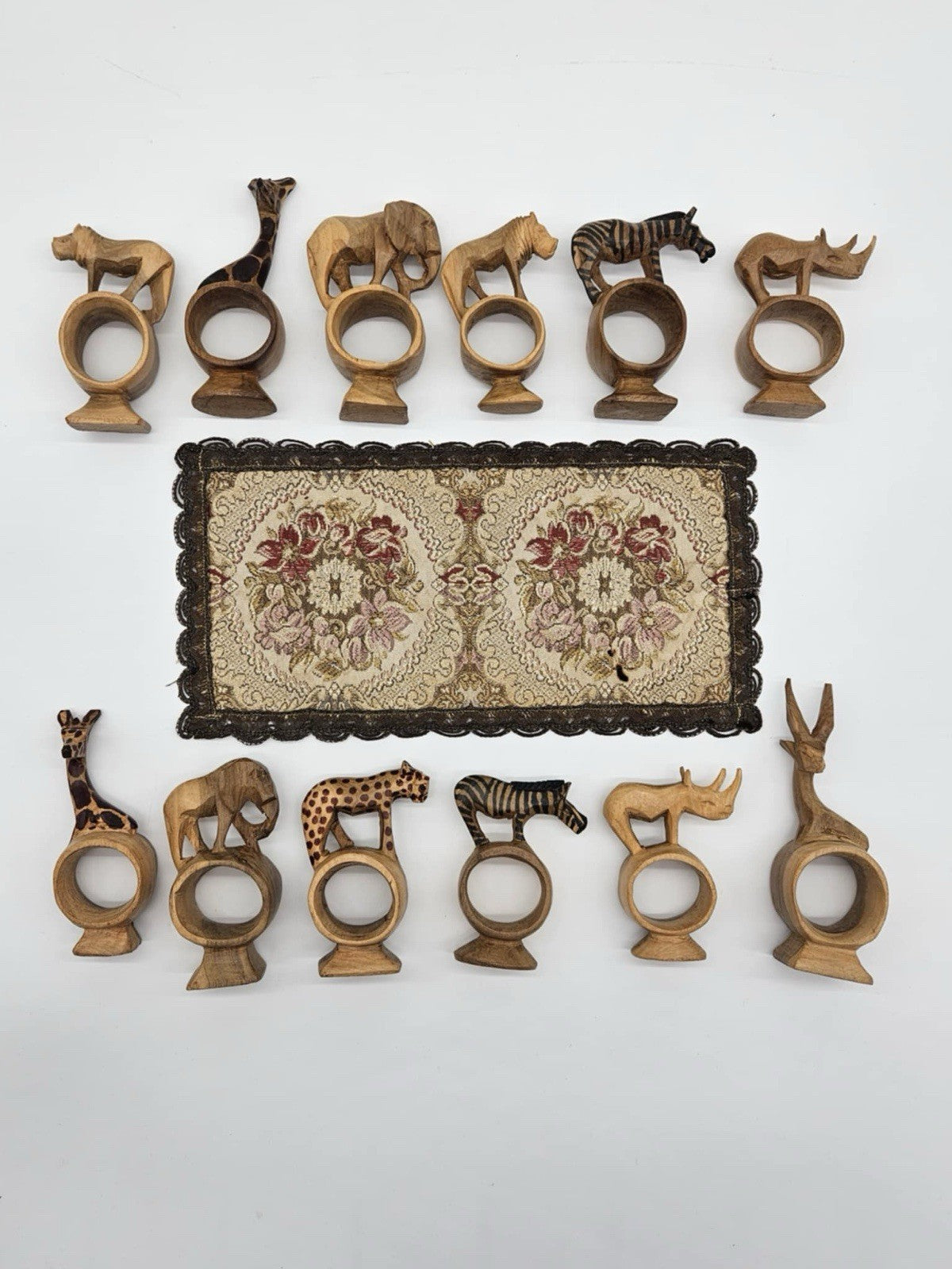 VTG Hand Carved Wood Wild African Safari Animal Napkin Rings 12Pc