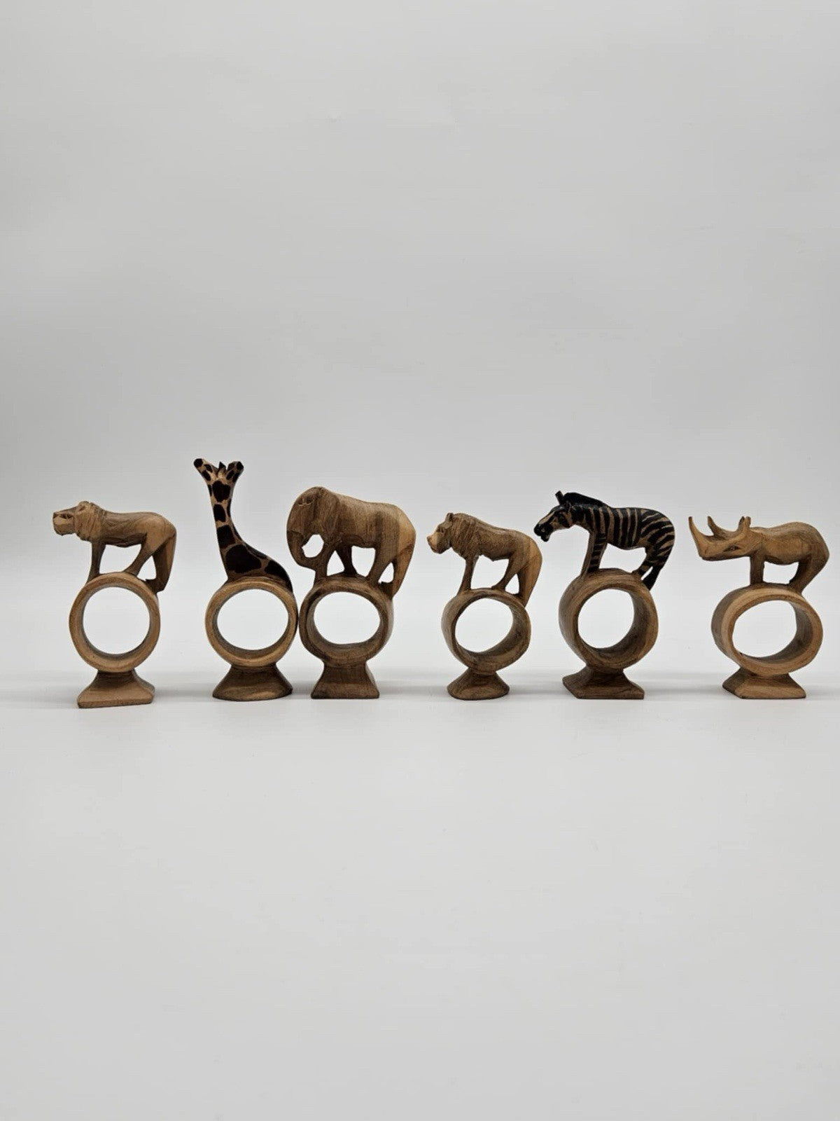 VTG Hand Carved Wood Wild African Safari Animal Napkin Rings 12Pc