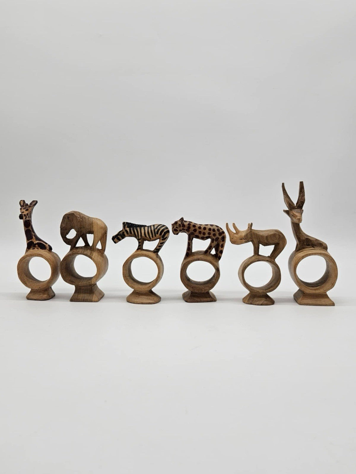 VTG Hand Carved Wood Wild African Safari Animal Napkin Rings 12Pc