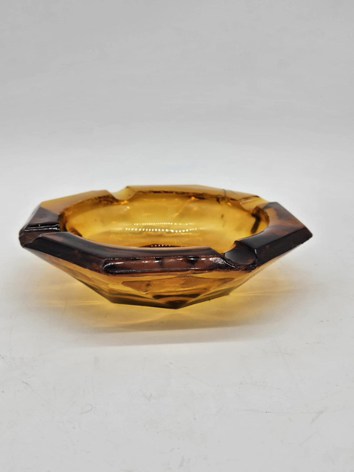 Vintage Octagon Amber Glass Ash Tray Desk Tray 6.5”