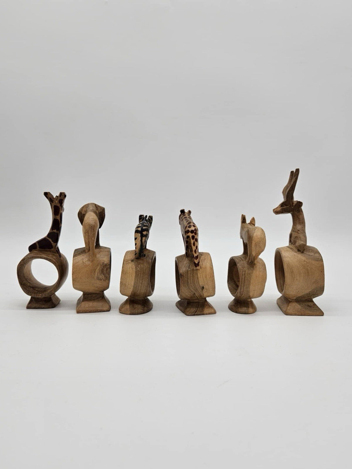VTG Hand Carved Wood Wild African Safari Animal Napkin Rings 12Pc