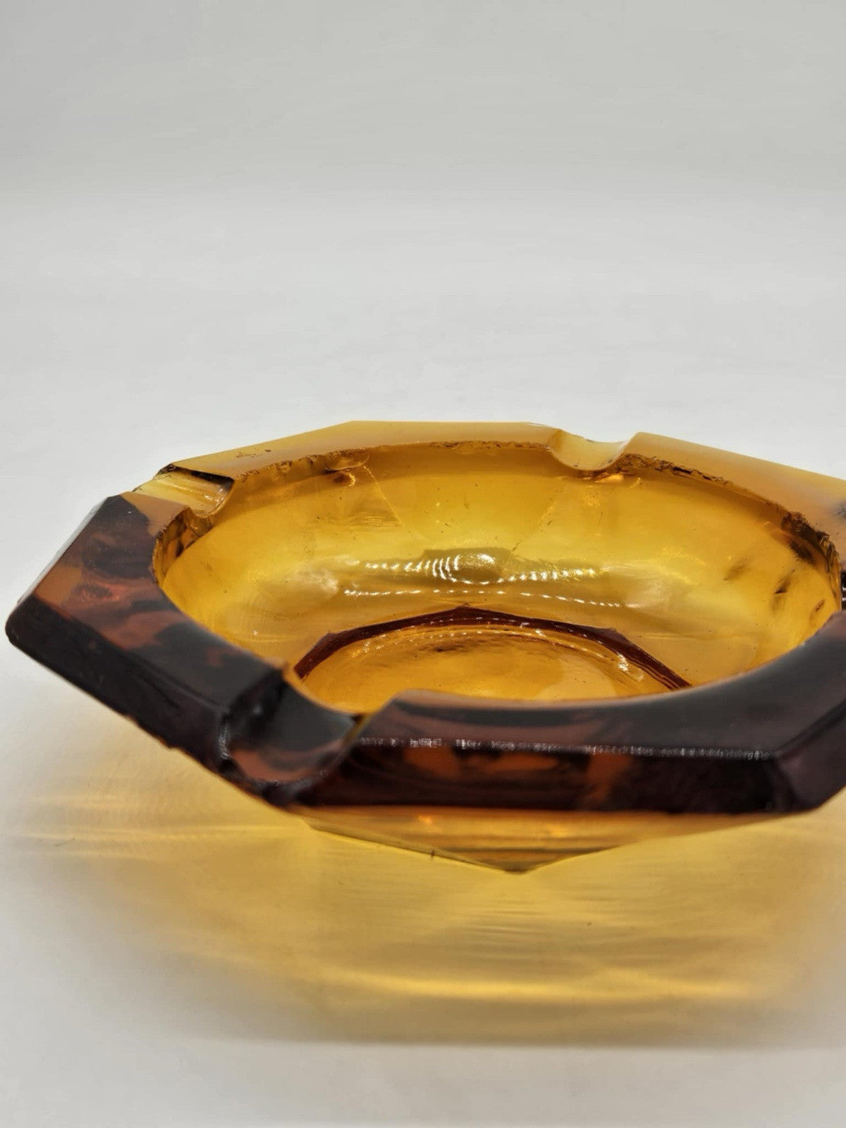 Vintage Octagon Amber Glass Ash Tray Desk Tray 6.5”