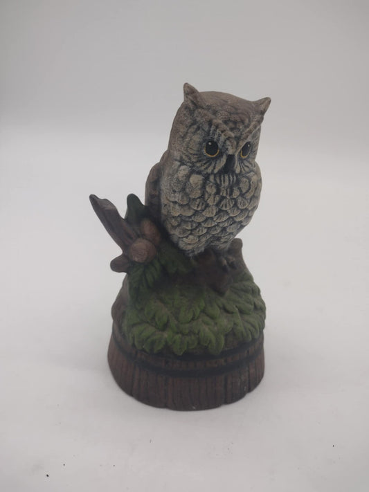Vintage Owl Figurine Sitting on Barrel, Yellow Eyes, Decor, Birds