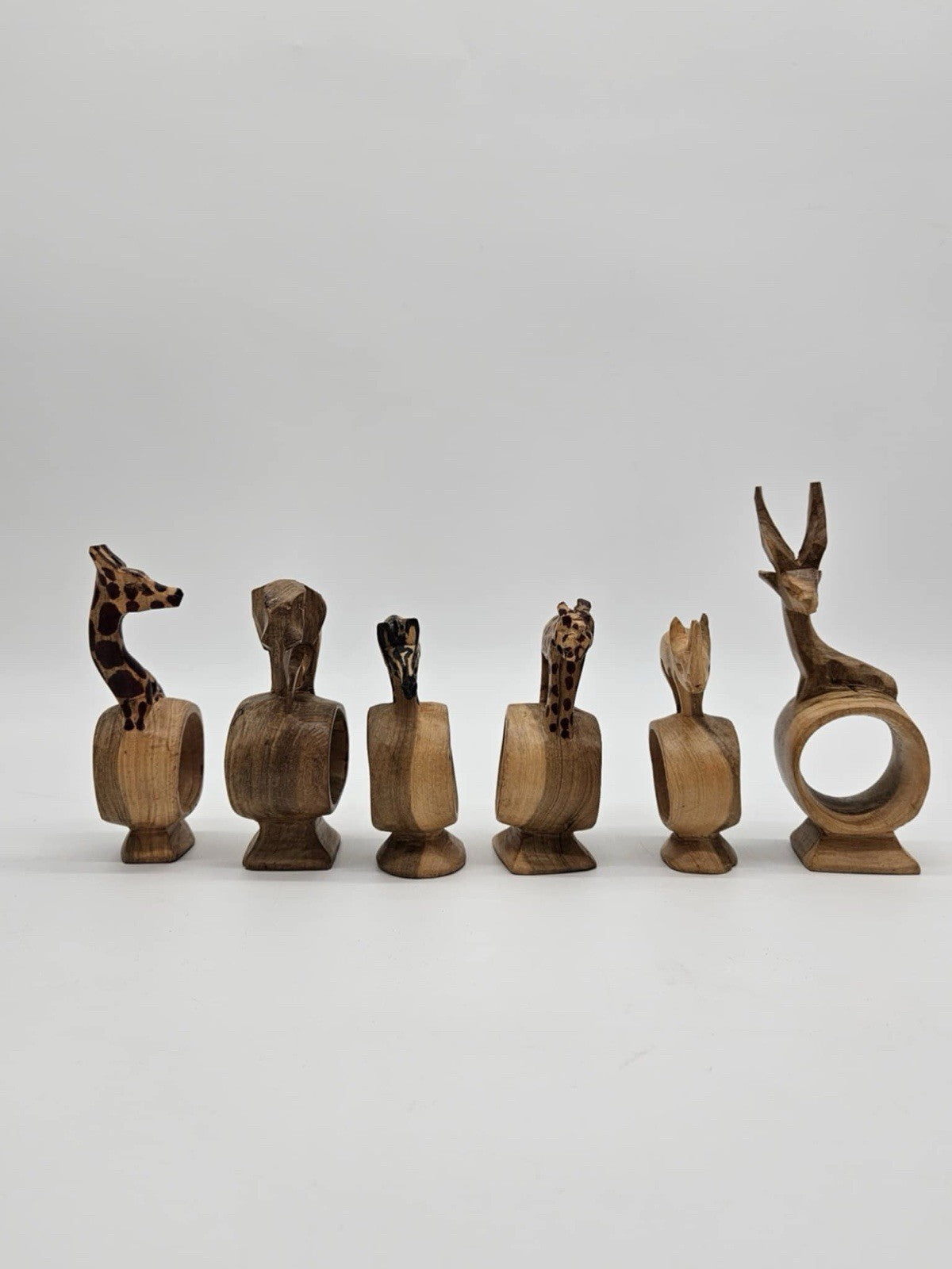 VTG Hand Carved Wood Wild African Safari Animal Napkin Rings 12Pc