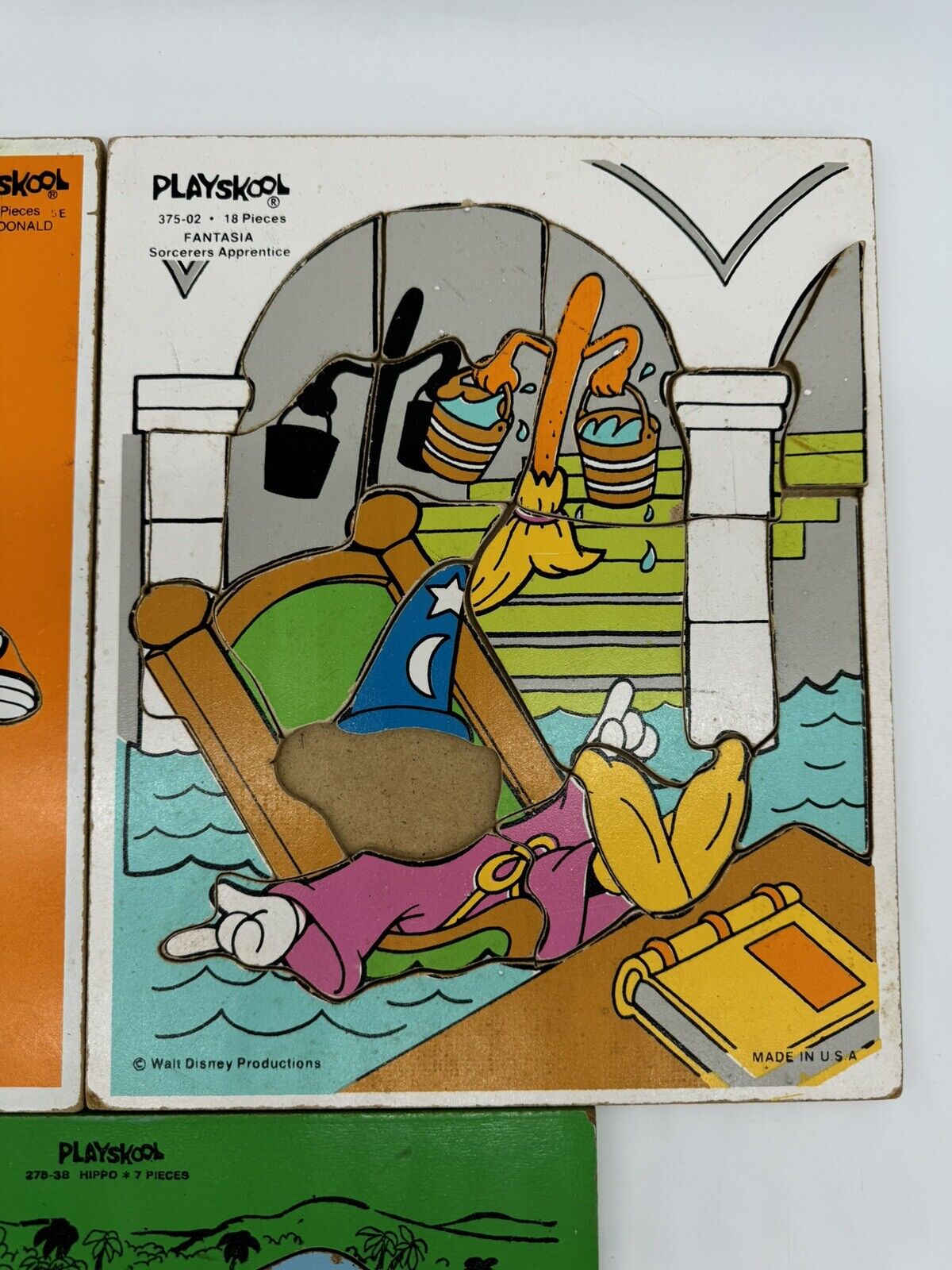Lot of 3 VTG Walt Disney Mickey Fantasia Hippo Playskool Wooden Puzzles