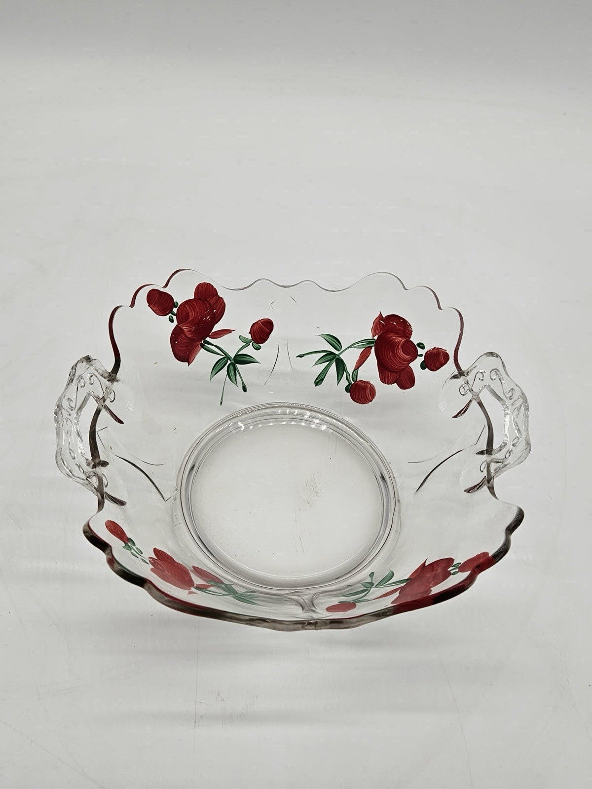 Vintage Hand Painted Glass Bowl with Handles Red Floral Scalloped Rim