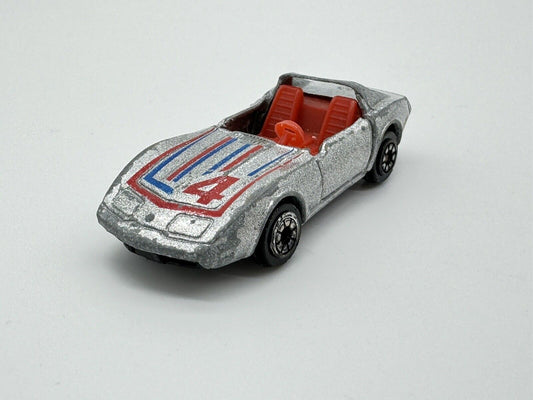Corvette No.4 Silver Made In Hong Kong Vintage Racing Car Toy Doors Move