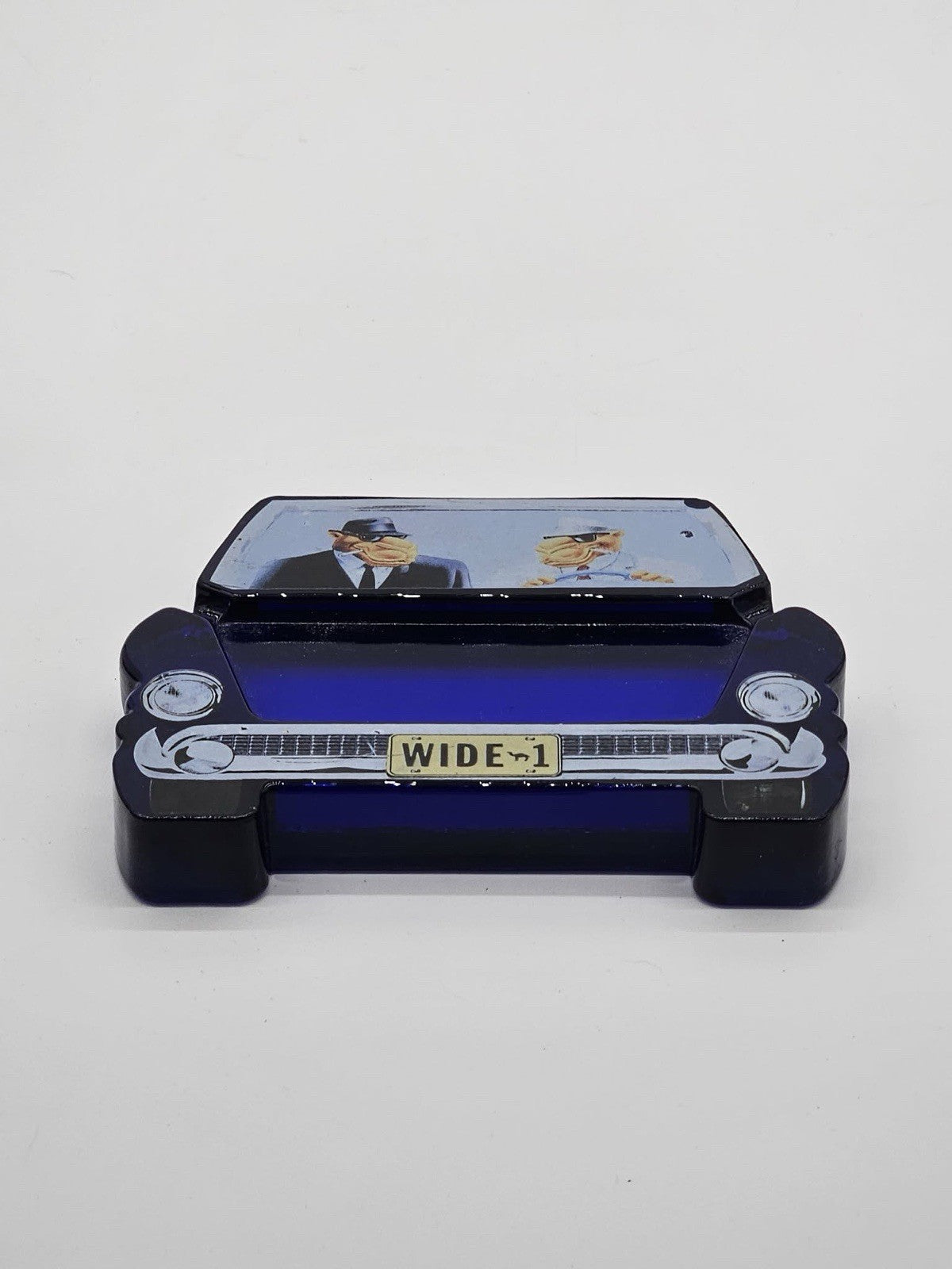 VINTAGE JOE THE CAMEL WIDE-1 CAR  DOUBLE-SIDED COBALT BLUE GLASS ASHTRAY