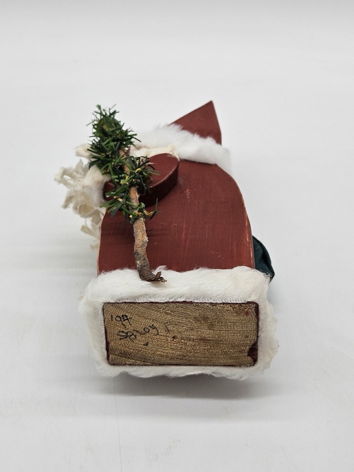 Handmade Folk Art Wooden Santa Figure w Sack Bell & Greenery 9”