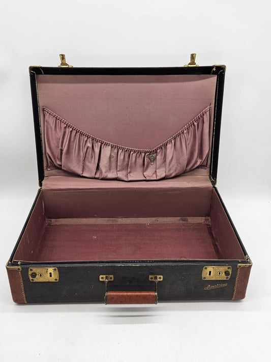 Vtg '40s Carilite Suitcase Luggage 25x16x8 "Tweed And Leather" Brown