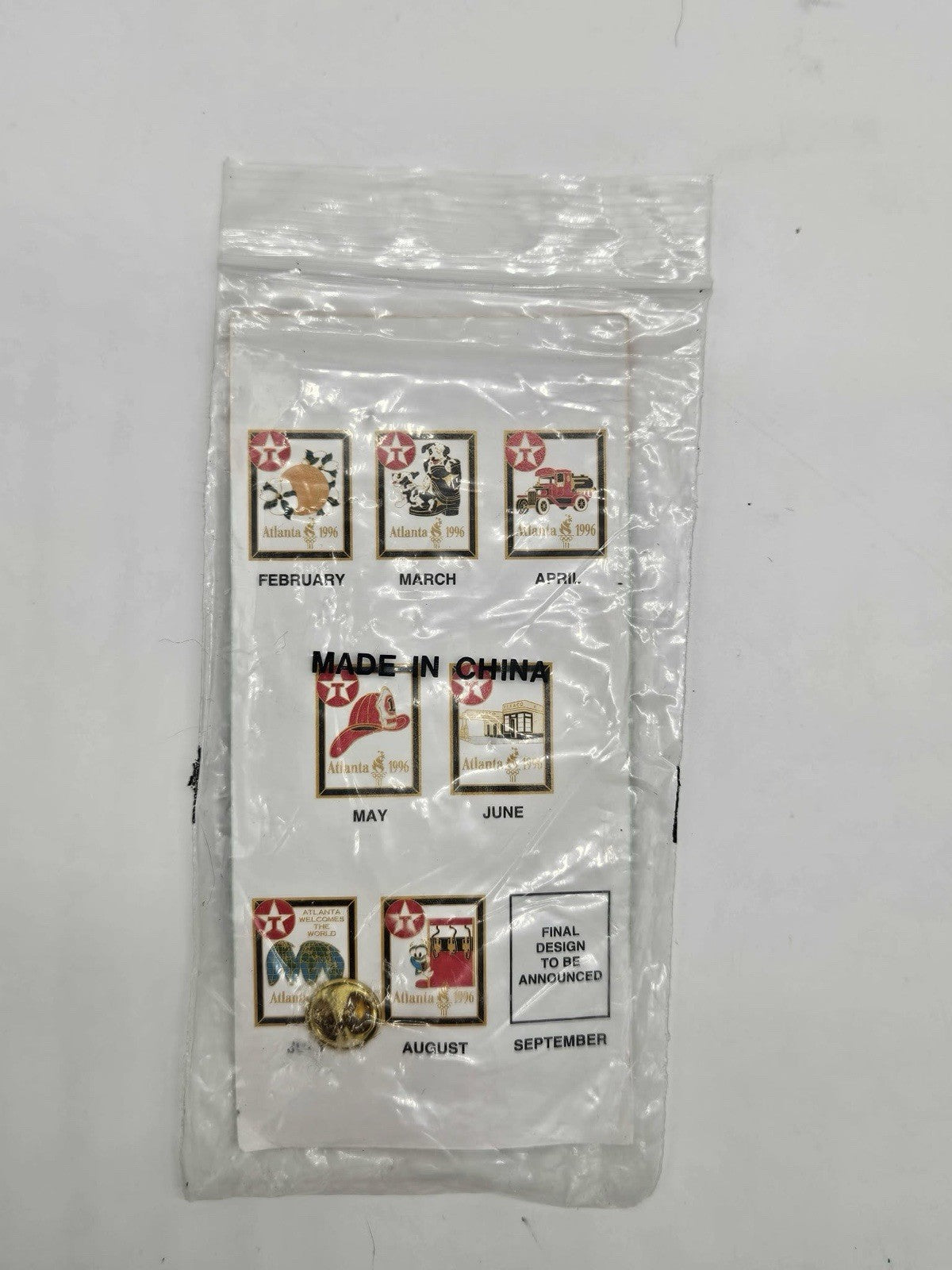 1996 Texaco Atlanta Olympics Lapel Pin on Card Georgia Peach February Deadstock