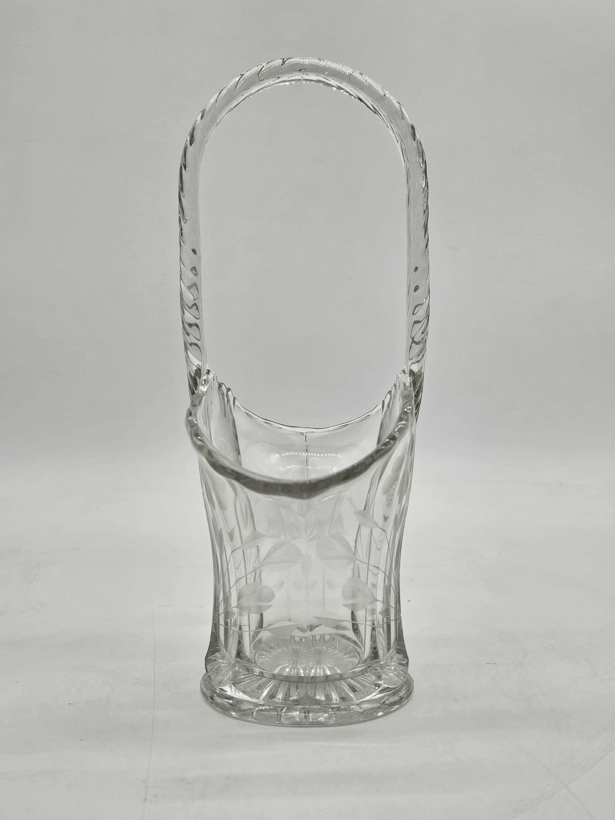 Vintage Clear Pressed Glass Basket with Etched Flowers