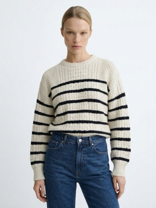 LC Lauren Conrad Women’s Cream Black Striped Cropped Sweater Size M