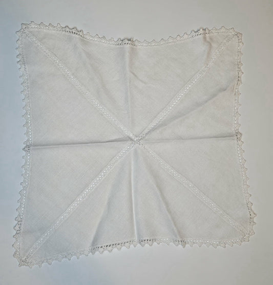 Vintage White Linen Handkerchief Lace Trim Drawnwork Square Hanky