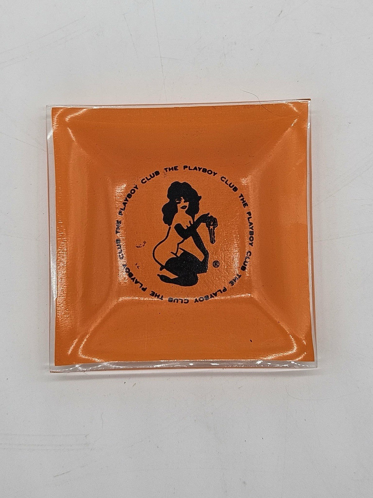 Vintage 1960's The Playboy Club Key Club Orange Glass Ashtray Trinket Dish Bunny