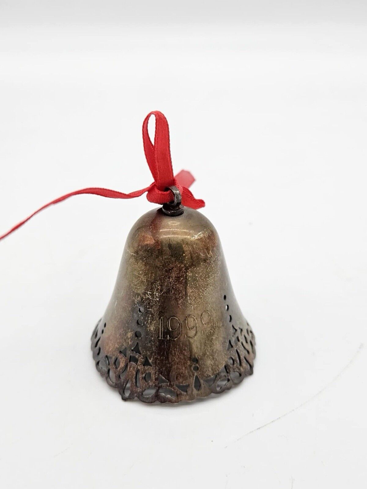 Vintage 1990s BRASS BELL ORNAMENT Christmas Filagree Lace Detail 2"