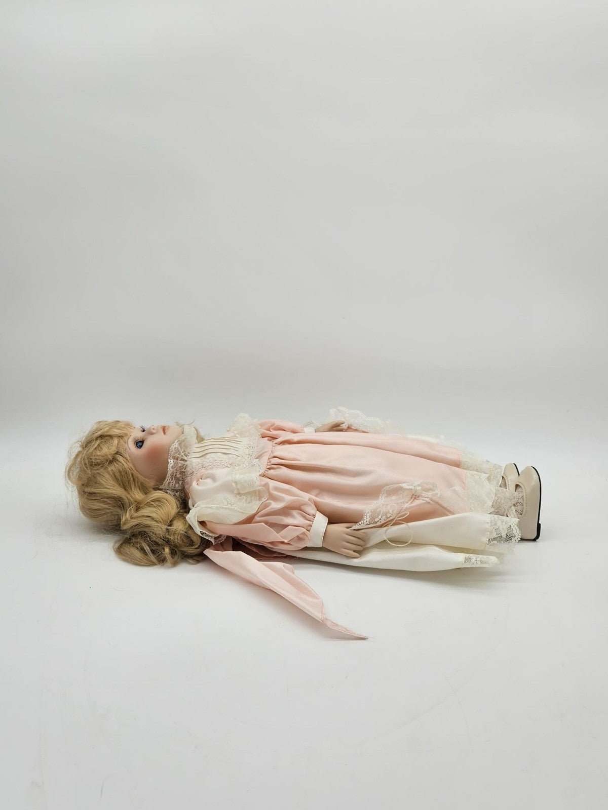 Vintage Porcelain Doll Blonde Curls Pink Dress Lace 16” Boxed