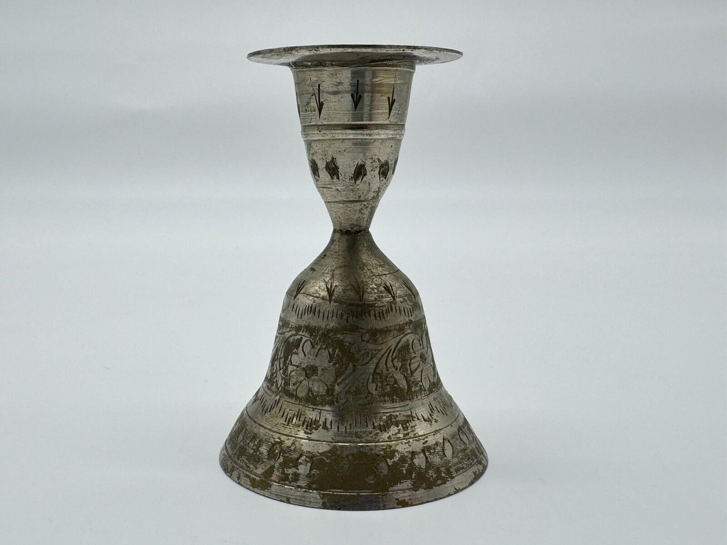 Vintage Candle Holder Bell Service Ringer Etched Metal Silver Patina 4" India