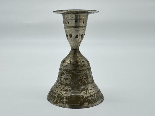 Vintage Candle Holder Bell Service Ringer Etched Metal Silver Patina 4" India