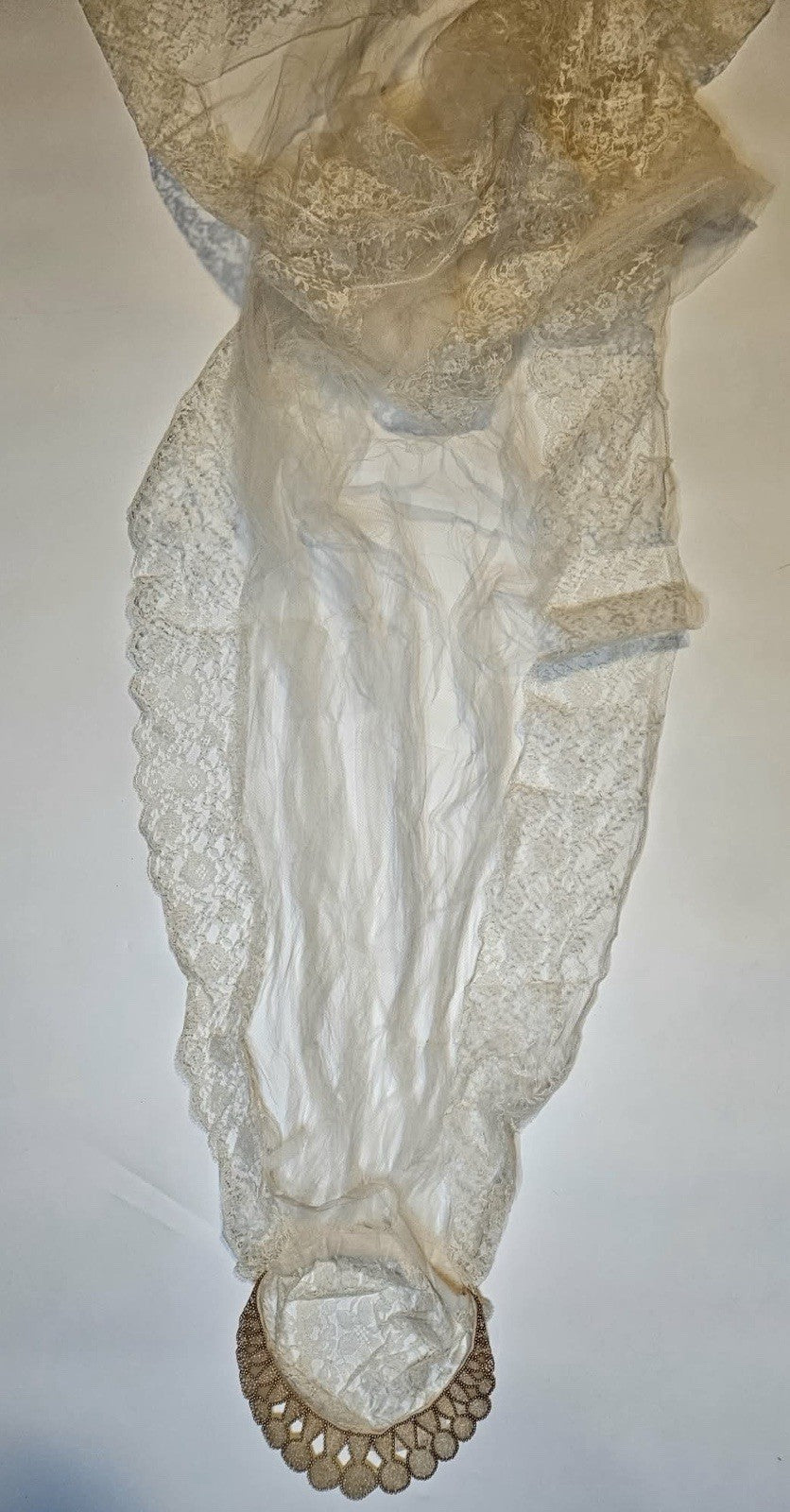 Antique Victorian Lace Bridal Veil with Satin Cap Ivory Cream