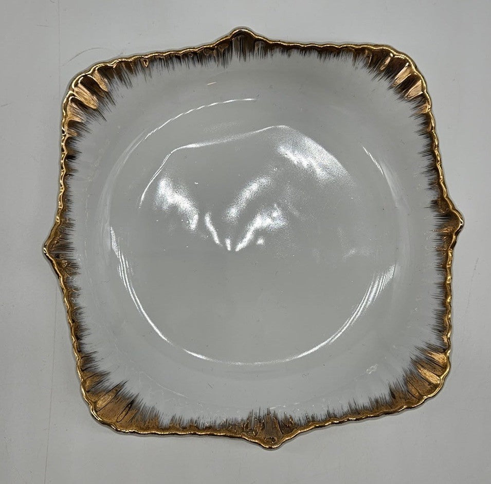 Nicole Miller Home  11” Square Elegant Gold & White Serving Dish Ruffle Edges
