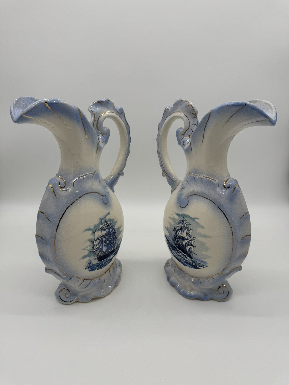 Pair of Vintage McCoy Pottery Pitchers Featuring Blue Nautical Design #73064