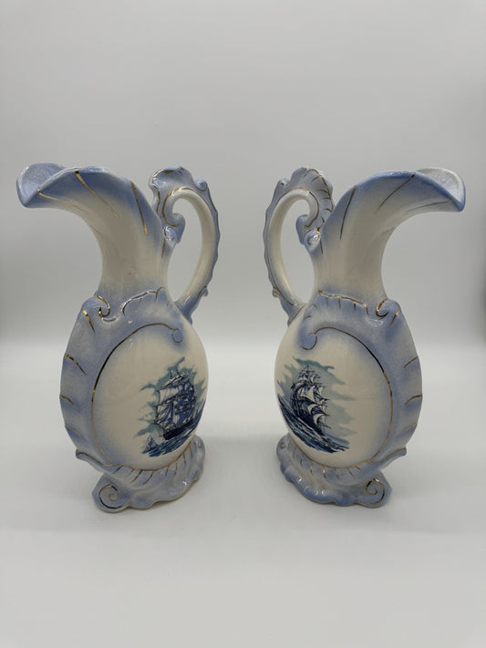 Pair of Vintage McCoy Pottery Pitchers Featuring Blue Nautical Design #73064