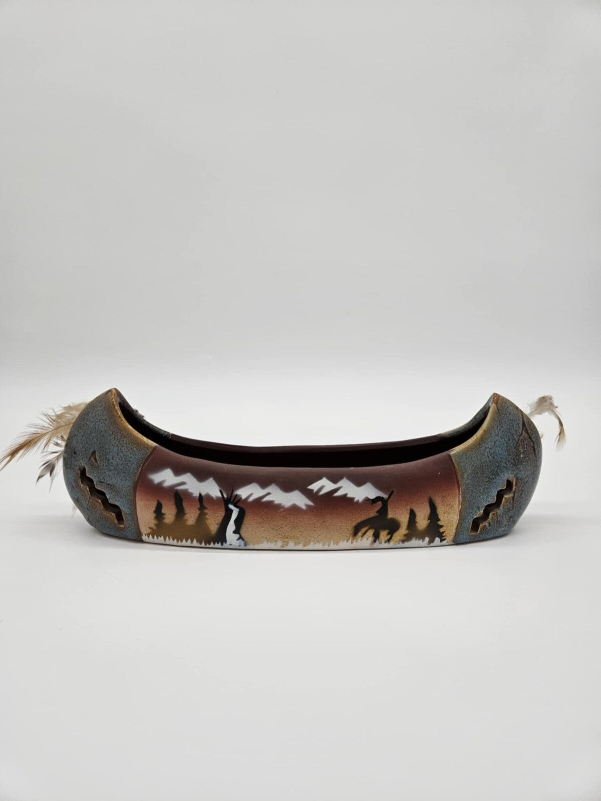 Vintage Navajo Art Hand Painted Cly Canoe w/ Feathers