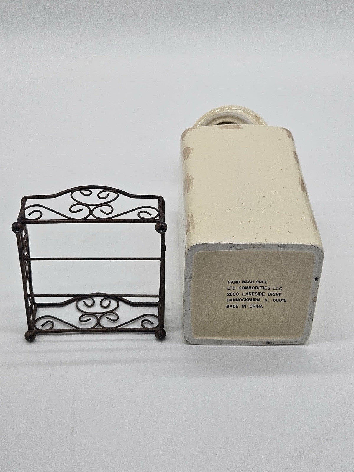 Cream Ceramic Kitchen Canister Set w Lids & Metal Rack LTD Commodities