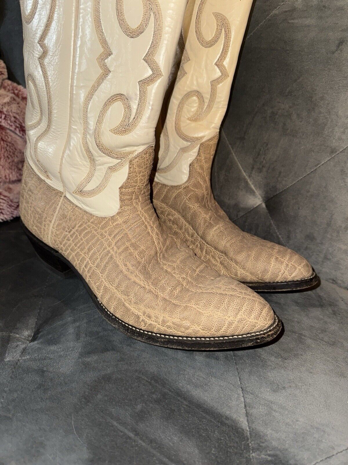 Vintage Nocona Boots EXOTIC Elephant Print Cowboy White Size 11 D