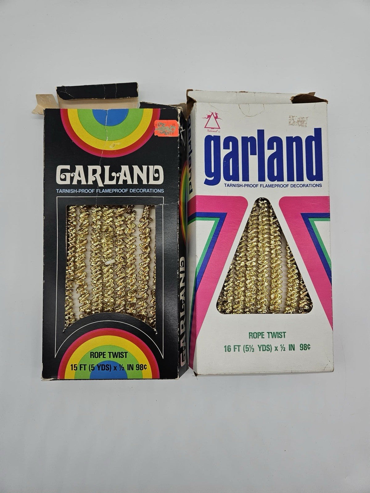 Vintage Christmas Garland Gold 15 Feet 1.5” Box New Old Stock NEAT BOXES Holiday