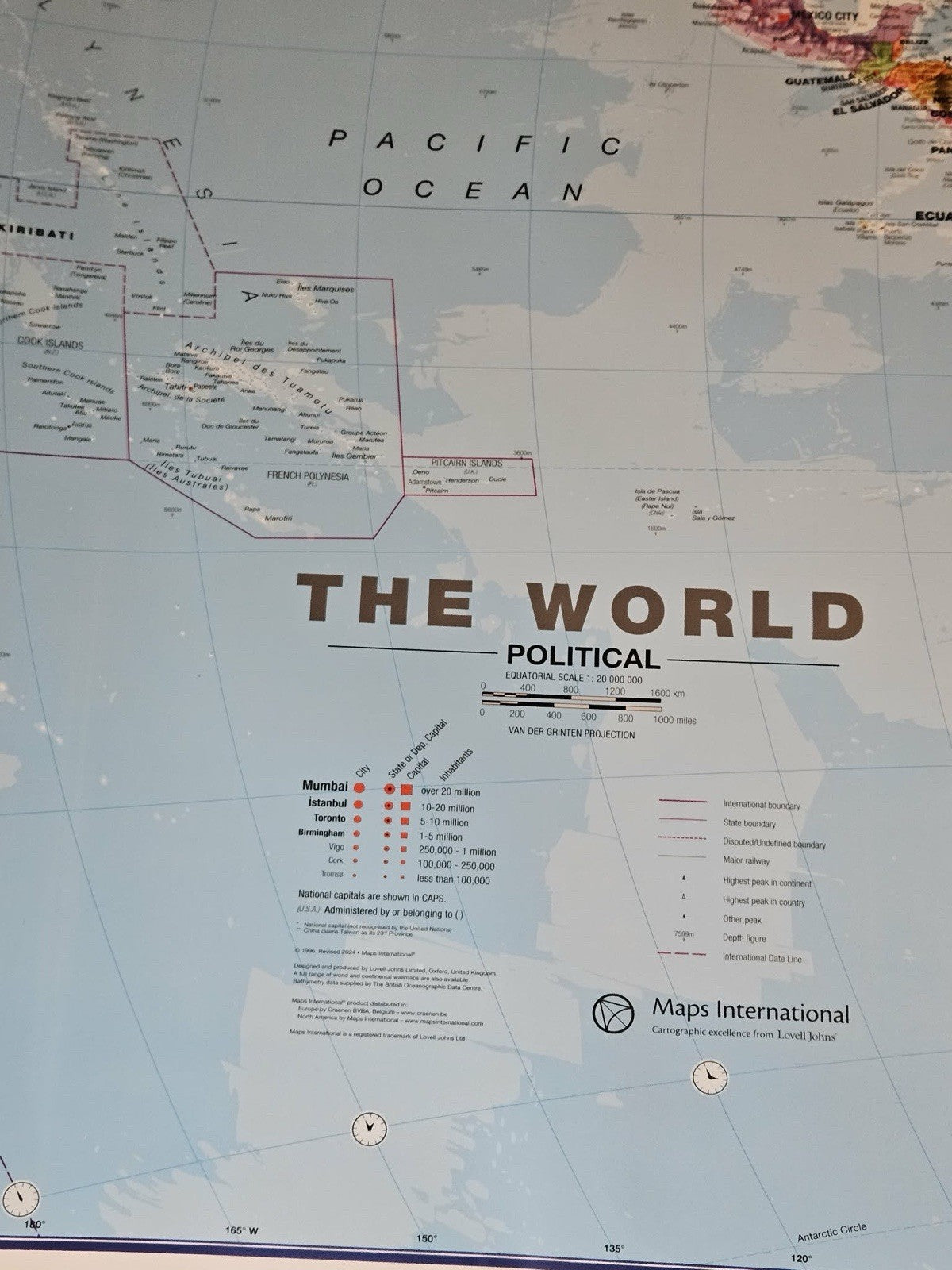 Laminated World Wall Map, 38 x 25"