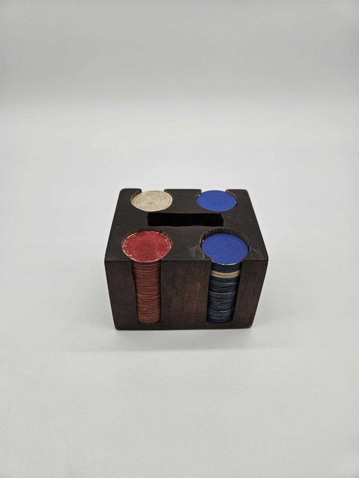1930s Vintage Wooden Poker Chip Holder Caddy with Star Design Includes Chips