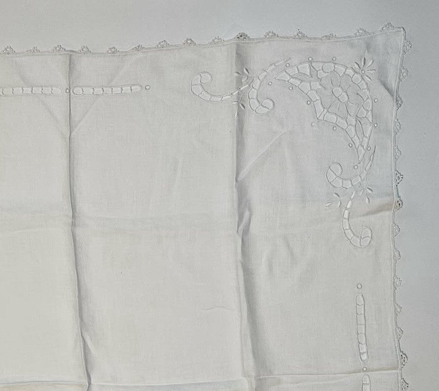 Antique Linen Tablecloth Intricate Lace Design  Cut-Outs 34" X 35" Embroidered