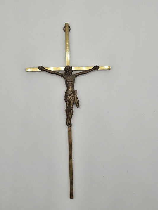 Vintage Brass Gold Metal Crucifix 10” Wall Hanging Jesus Cross WESTERN GERMANY