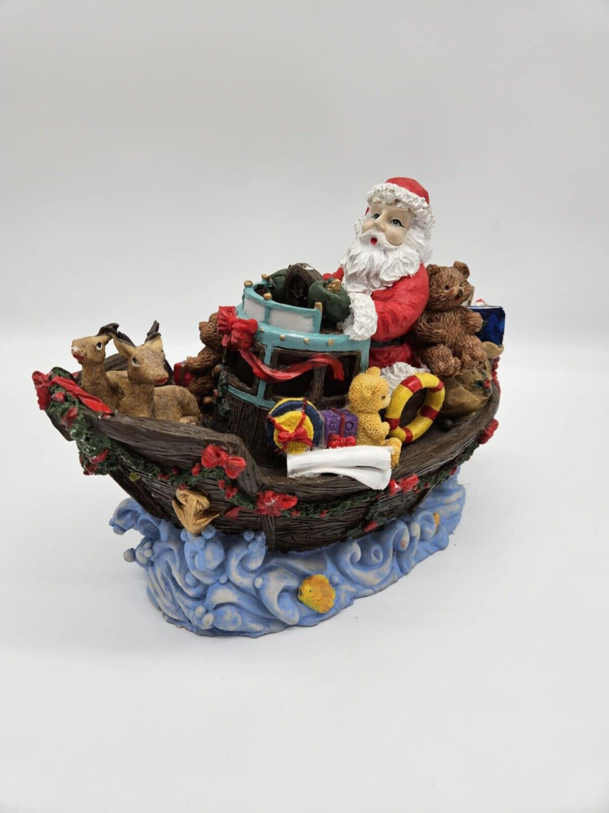 Vintage Santa In Christmas Boat W/ Reindeer & Toys HTF