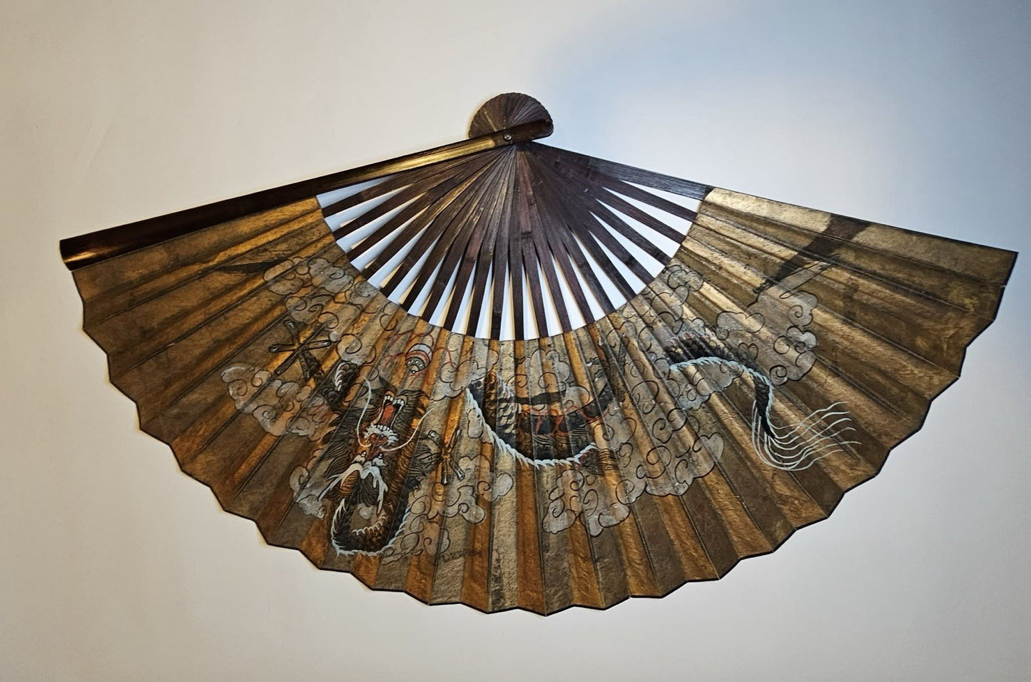 Large Vintage Chinese Dragon Fan Mid Century 54”Hand Painted Wall Fan