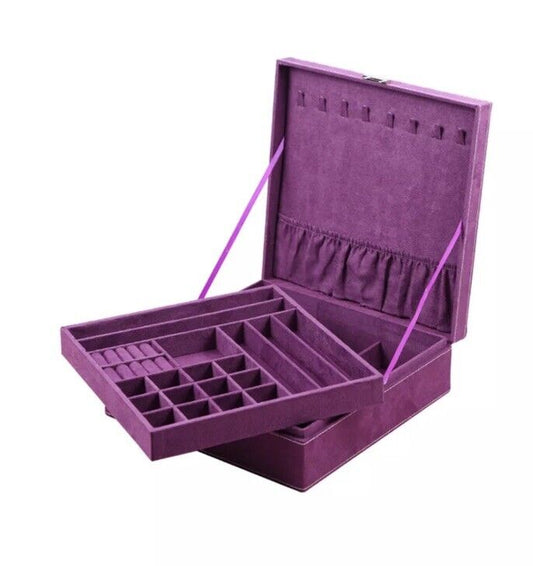 2-Layer Velvet Jewelry Box Organizer Lint Jewelry Display Storage Case w/Lock