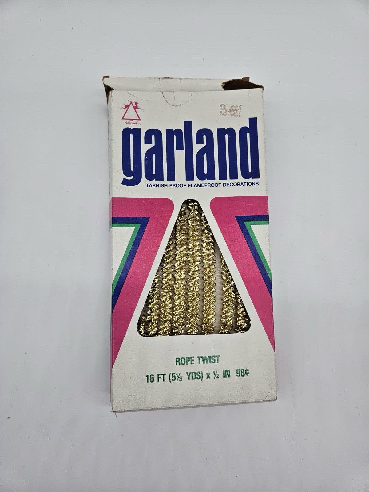 Vintage Christmas Garland Gold 15 Feet 1.5” Box New Old Stock NEAT BOXES Holiday